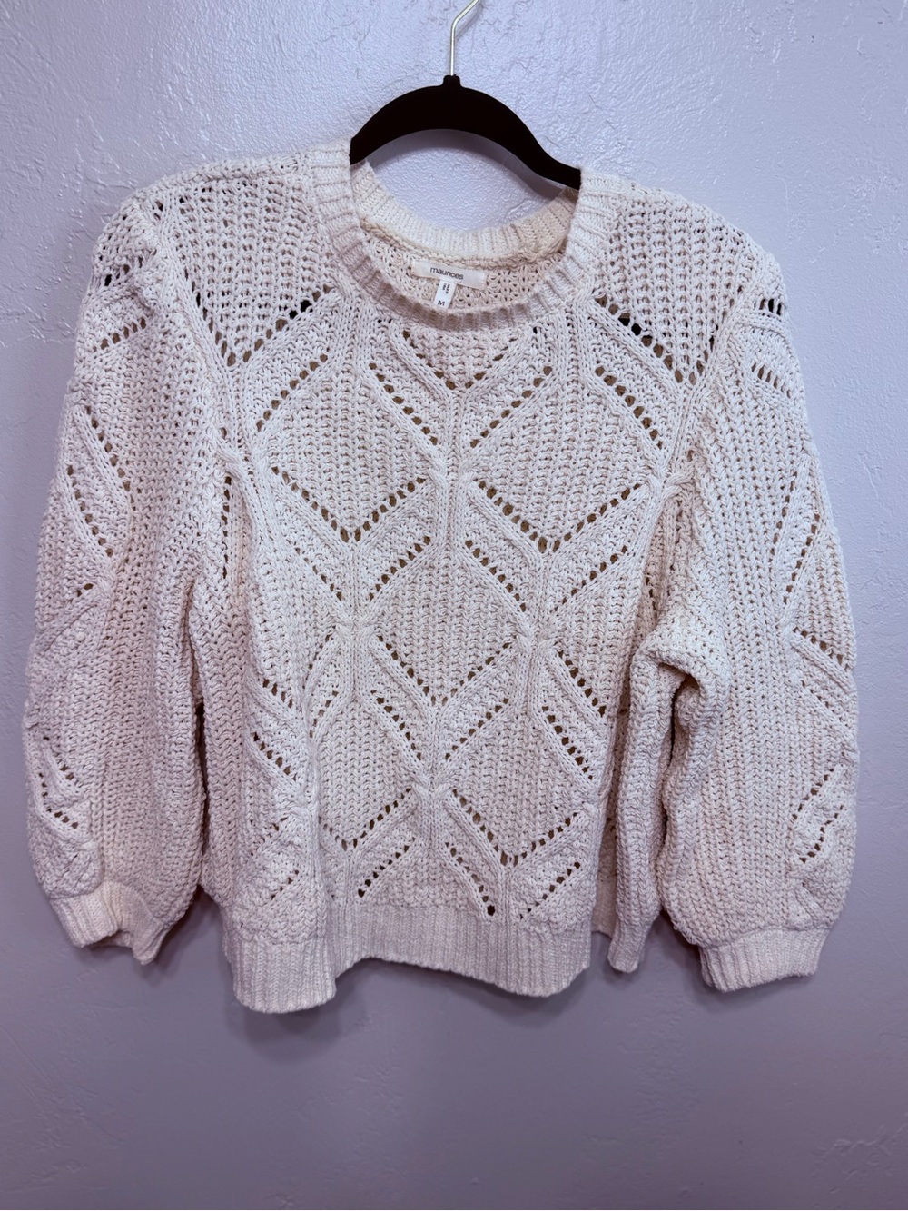 Maurices Cream Open Knit Cable Sweater Size Medium Balloon Sleeve